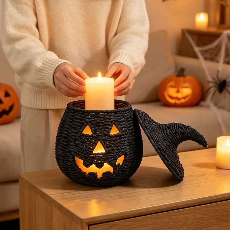 Black woven pumpkin decoration being styled on a tabletop