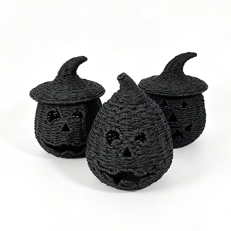 Black woven Halloween pumpkins with witch hat shapes