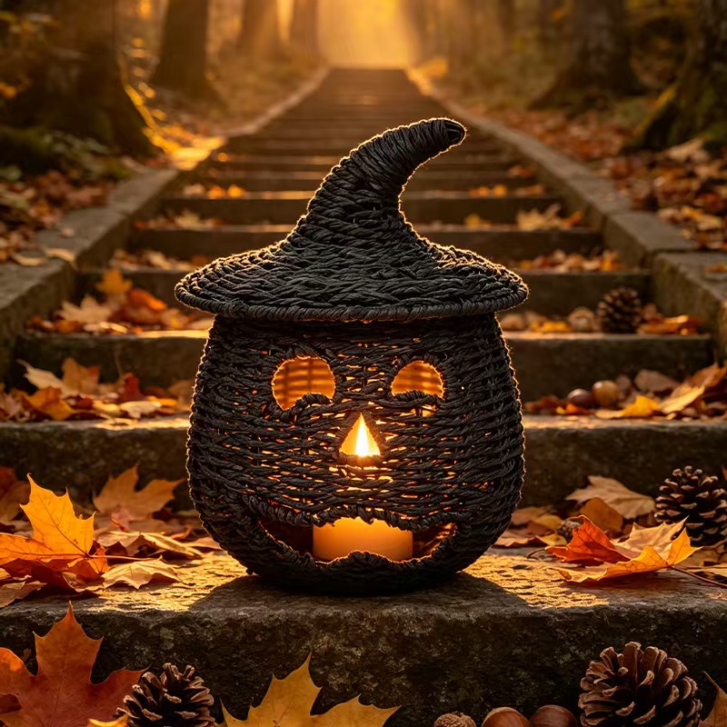 Black woven pumpkin decoration on autumn steps