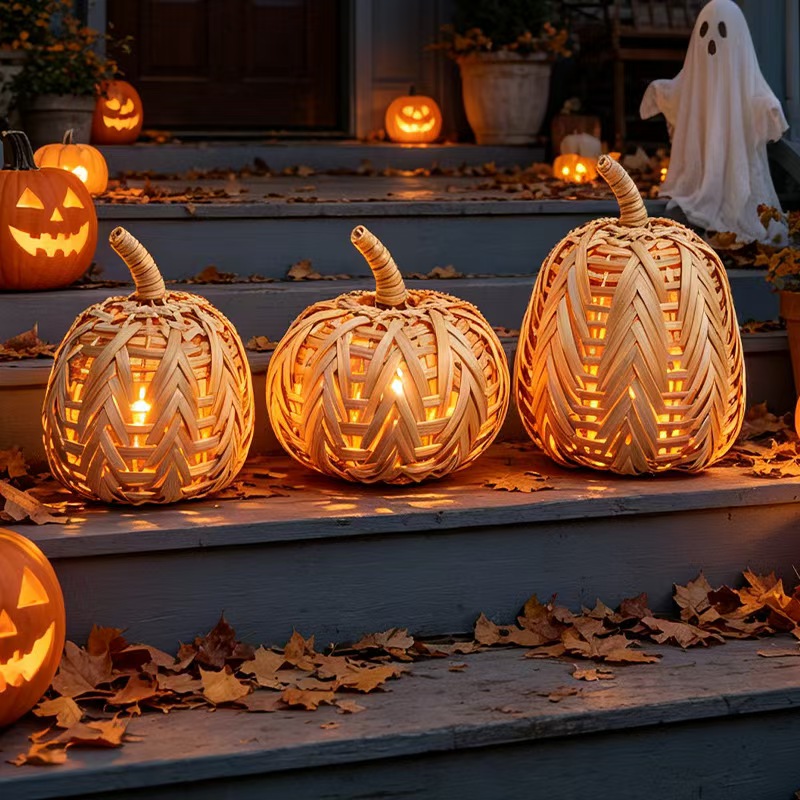 Woven pumpkin decorations glowing on a Halloween porch
