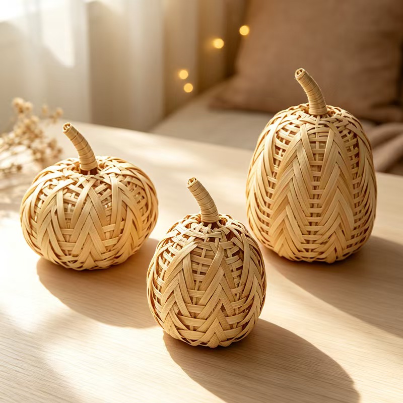 Natural woven pumpkins styled in a warm home setting