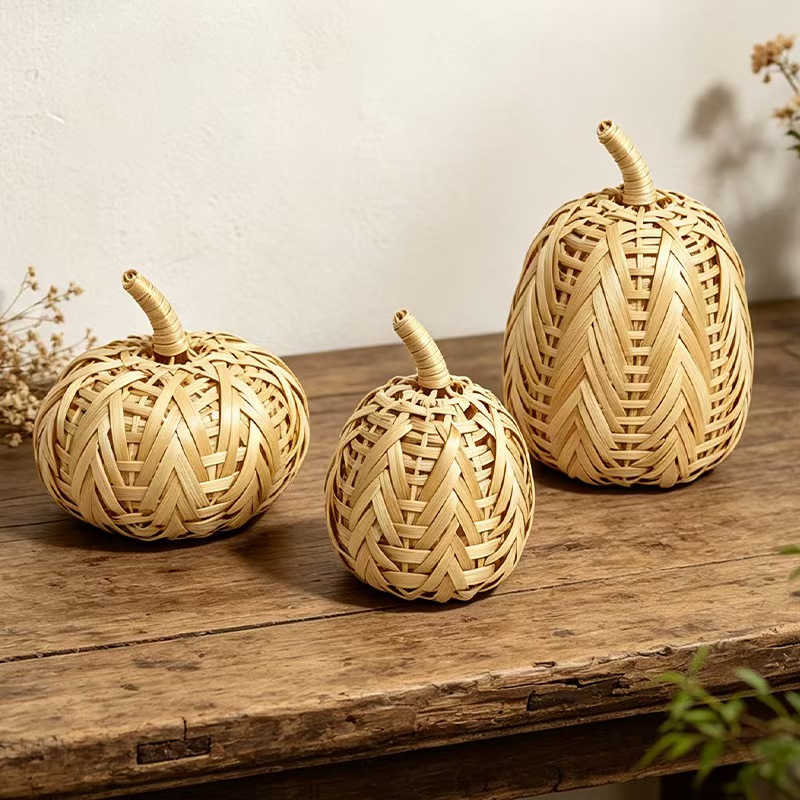 Natural beige woven Halloween pumpkins in three shapes